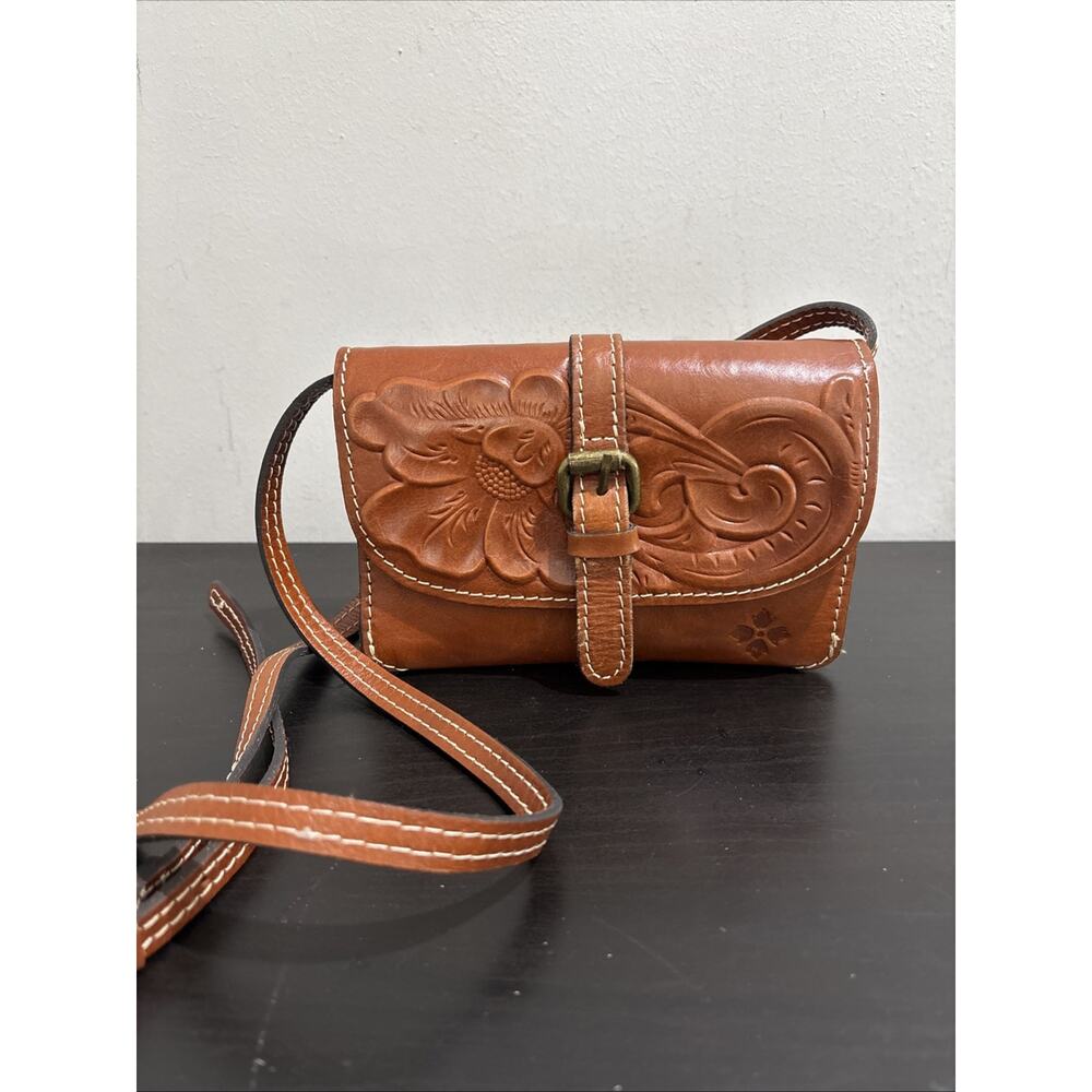 PATRICIA NASH Torri Floral Tooled Leather Crossbody Clutch Bag Buckle Brown